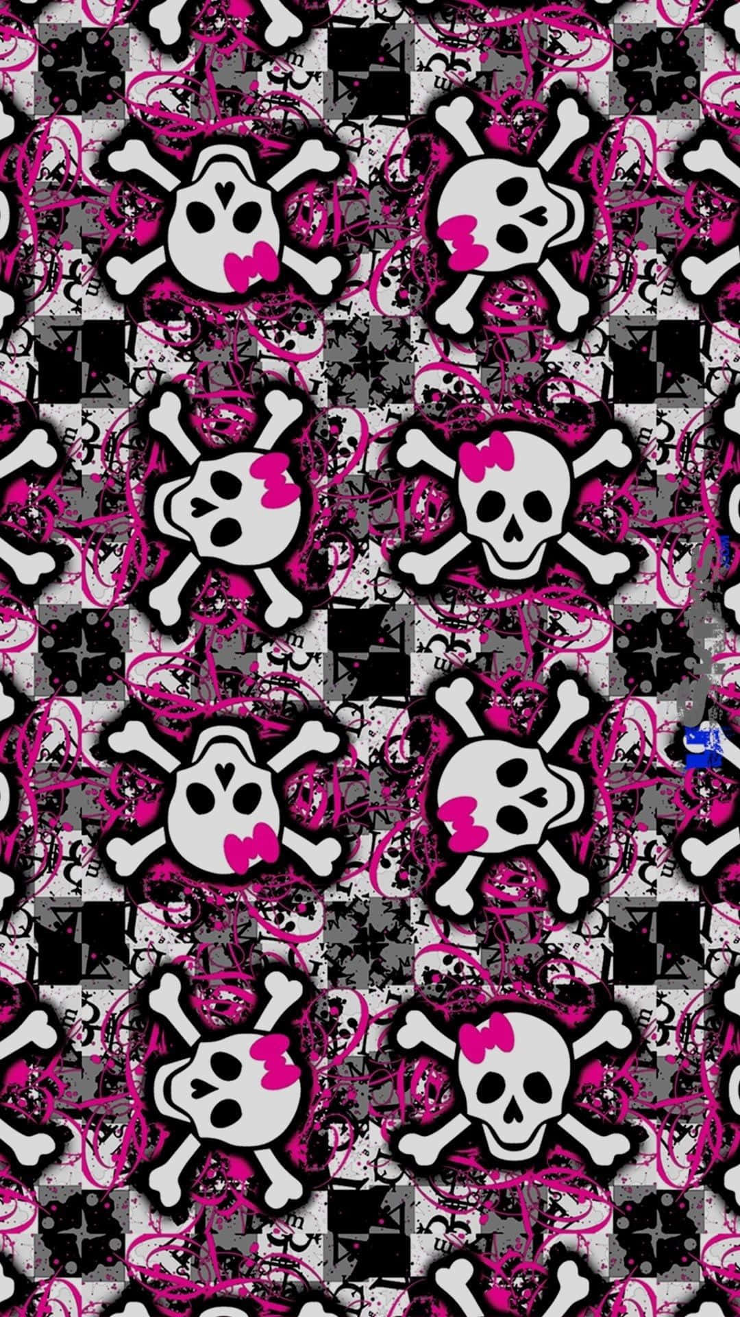 Girly Skull 桌布 壁紙 — 鮮豔的粉紅色骷髏頭配上蝴蝶結，在粗糙的黑白棋盤格背景上重複排列。
