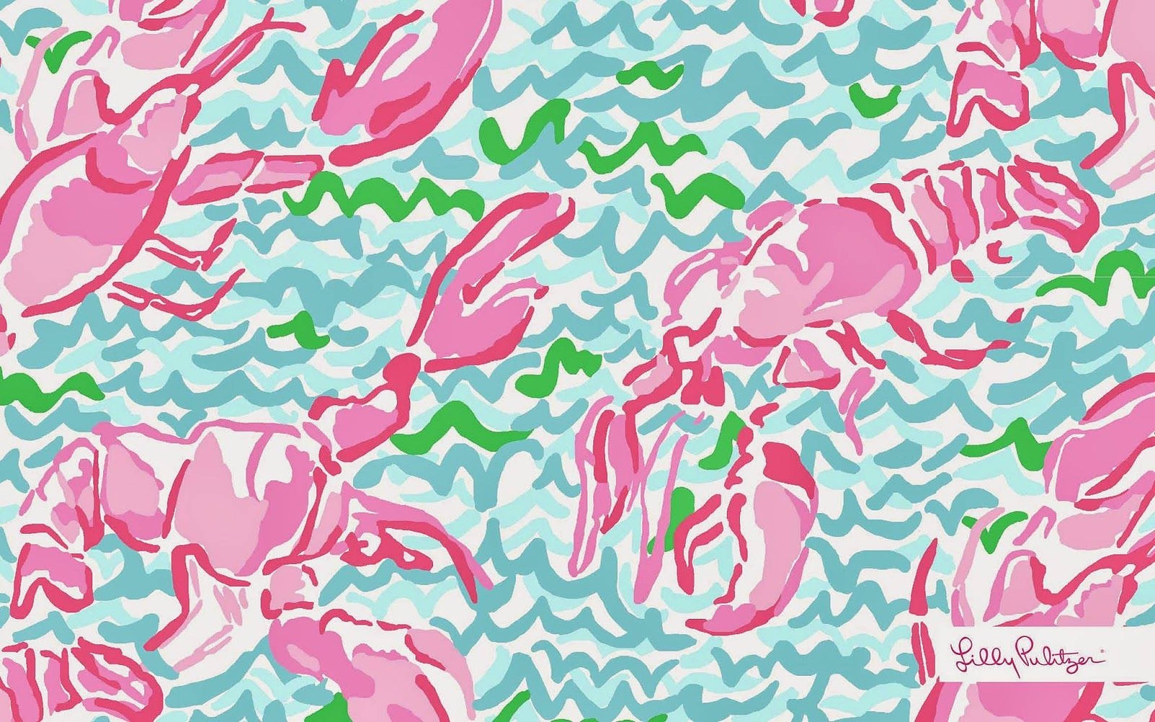 lilly 桌布 壁紙 — 鮮豔的粉紅色龍蝦在藍綠色和綠色的波浪水中以大膽的圖案游動。