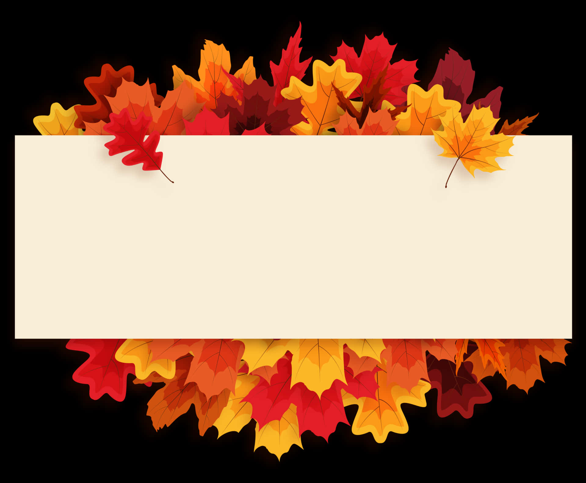 Fall Leaf 桌布 壁紙 — 鮮豔的紅、橙、黃色秋葉在黑色背景上框出一個空白的奶油色橫幅。
