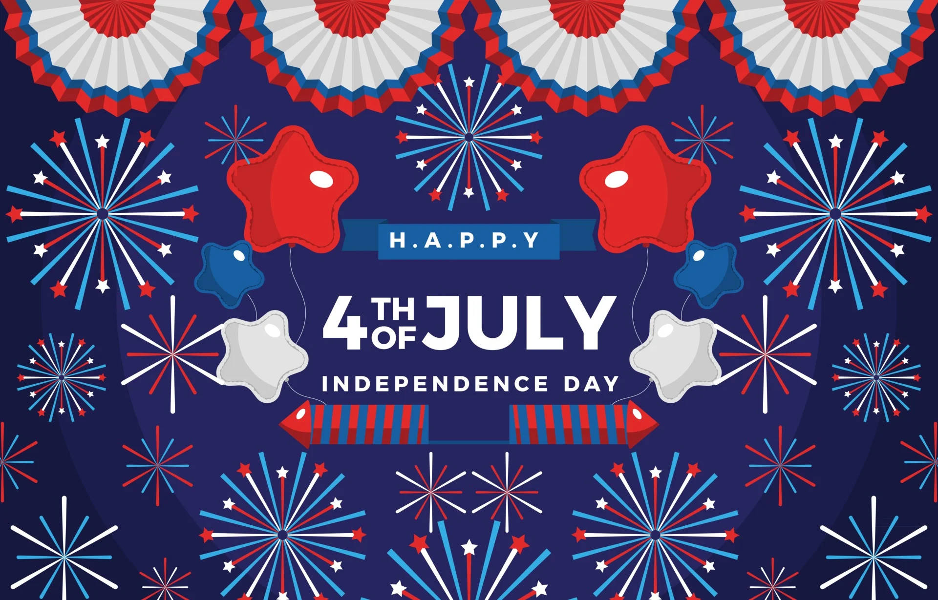 Independence 桌布 壁紙 — 鮮豔的紅、白、藍煙火和氣球在深藍色背景上慶祝7月4日美國獨立日。