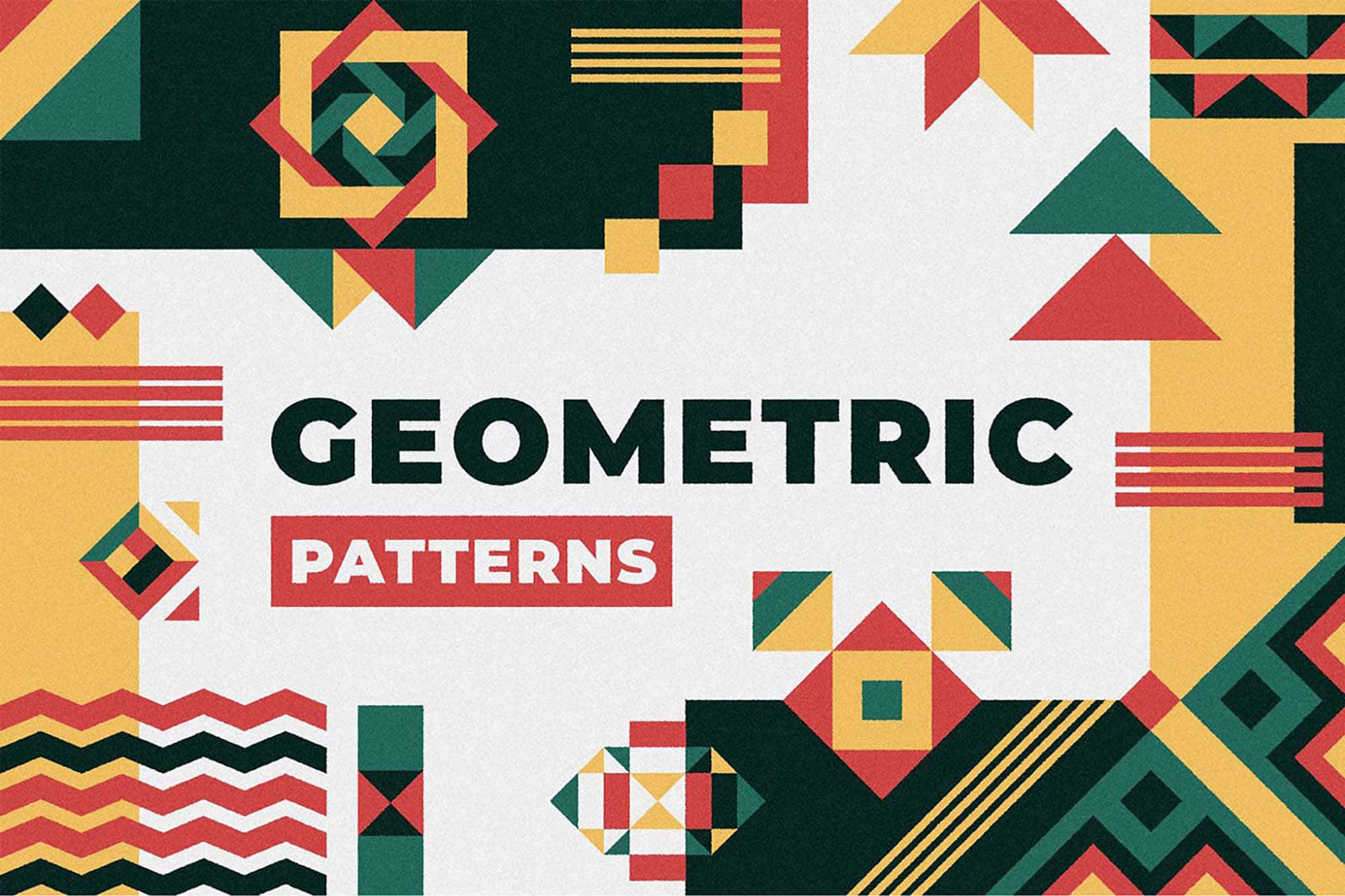Geometric Pattern 桌布 壁紙 — 鮮豔的紅、綠、黃色幾何圖案點綴在帶有紋理的白色背景上，搭配大膽的字體設計。