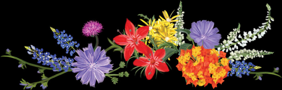 花卉 桌布 壁紙 — 鮮豔的紅、黃、紫、藍色花朵與綠色莖幹，在純黑背景上構成充滿活力的花束。