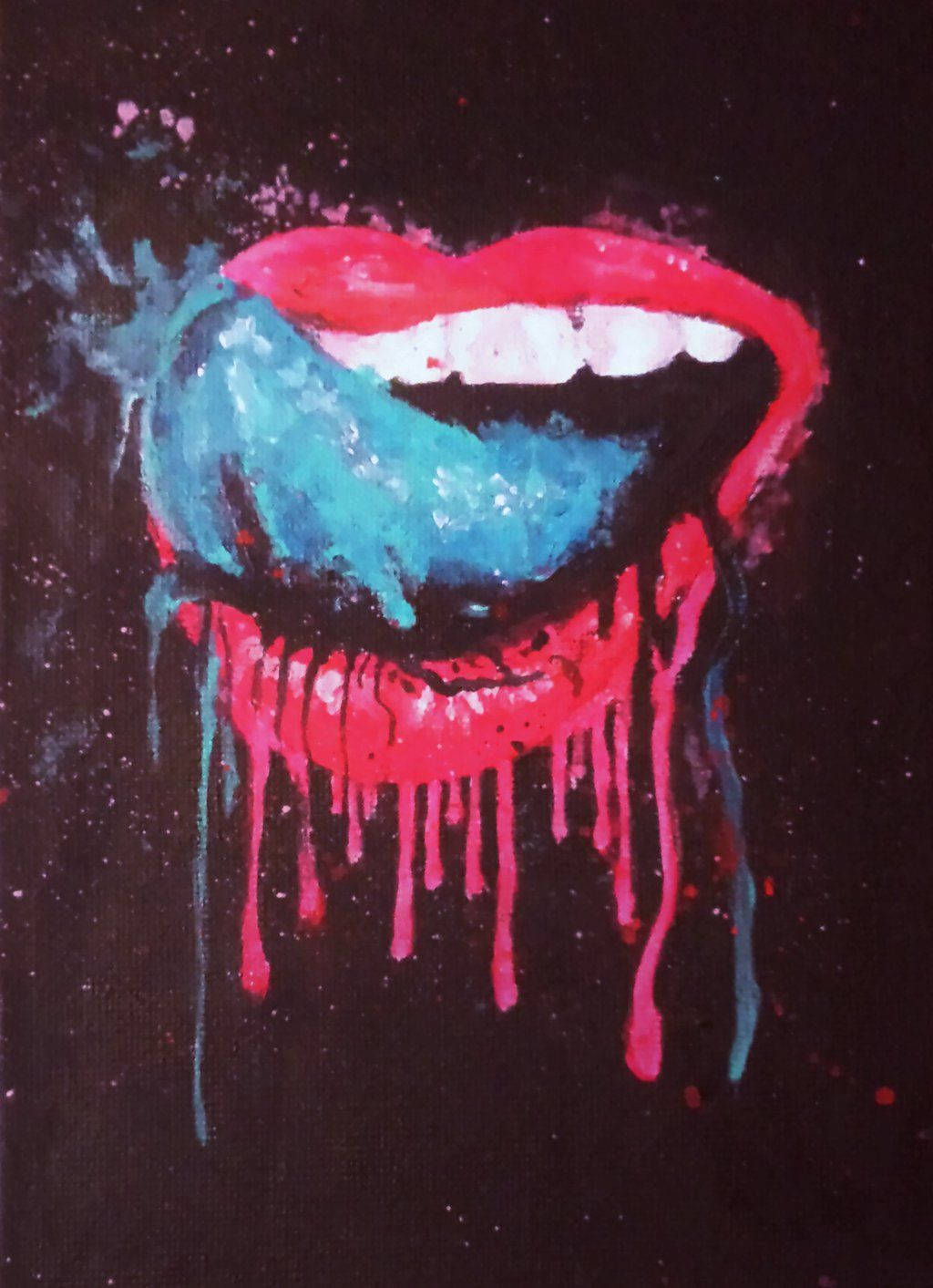 Drip 桌布 壁紙 — 鮮豔的紅唇，藍色顏料在深色斑點背景上以大膽富有表現力的筆觸滴落。