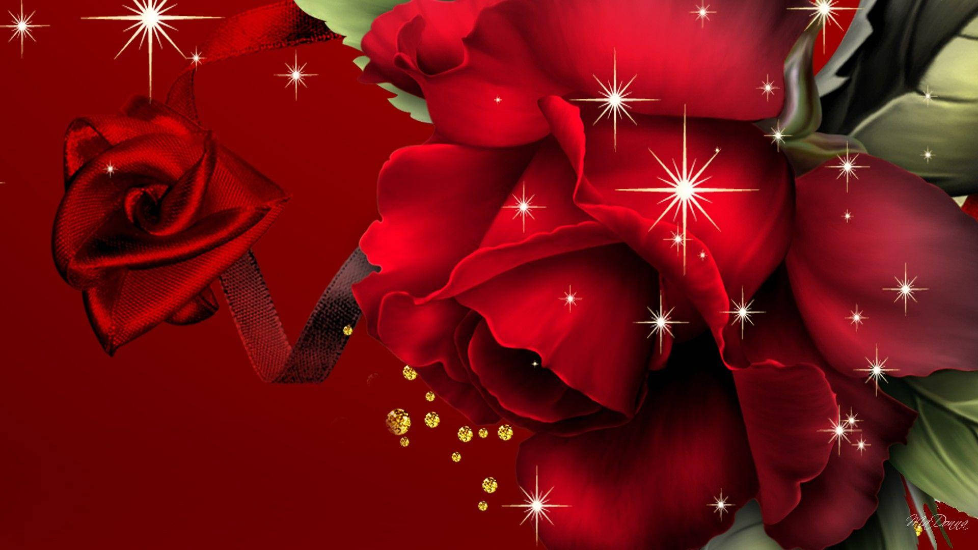 beautiful rose HD 桌布 壁紙 — 鮮豔的紅玫瑰，帶有閃爍的星星和金色亮片，襯托深紅色背景。