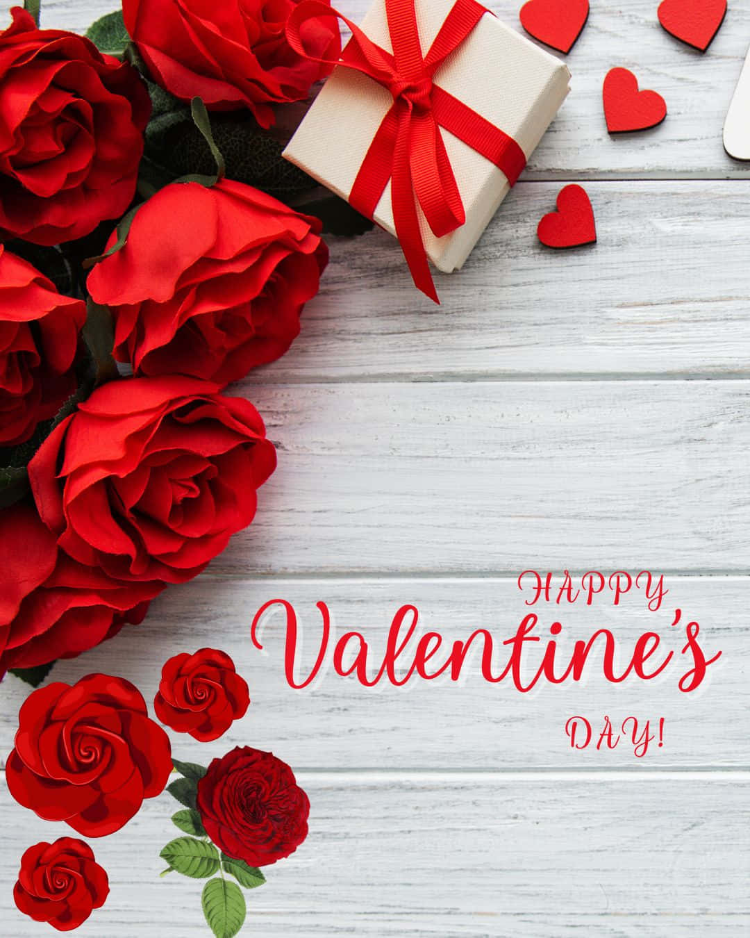 Happy Valentines Day Flyer ! 壁紙 — 鮮豔的紅玫瑰和一個帶有紅色絲帶的禮物盒放在白色木質表面上，旁邊散落著心形和情人節訊息。