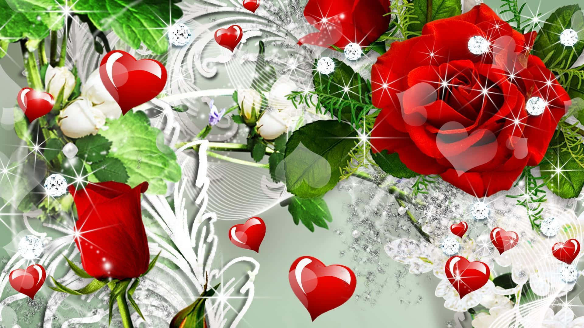 Rose Heart 桌布 壁紙 — 鮮豔的紅玫瑰和心形在銀色華麗背景上閃爍，襯有綠葉和白花。