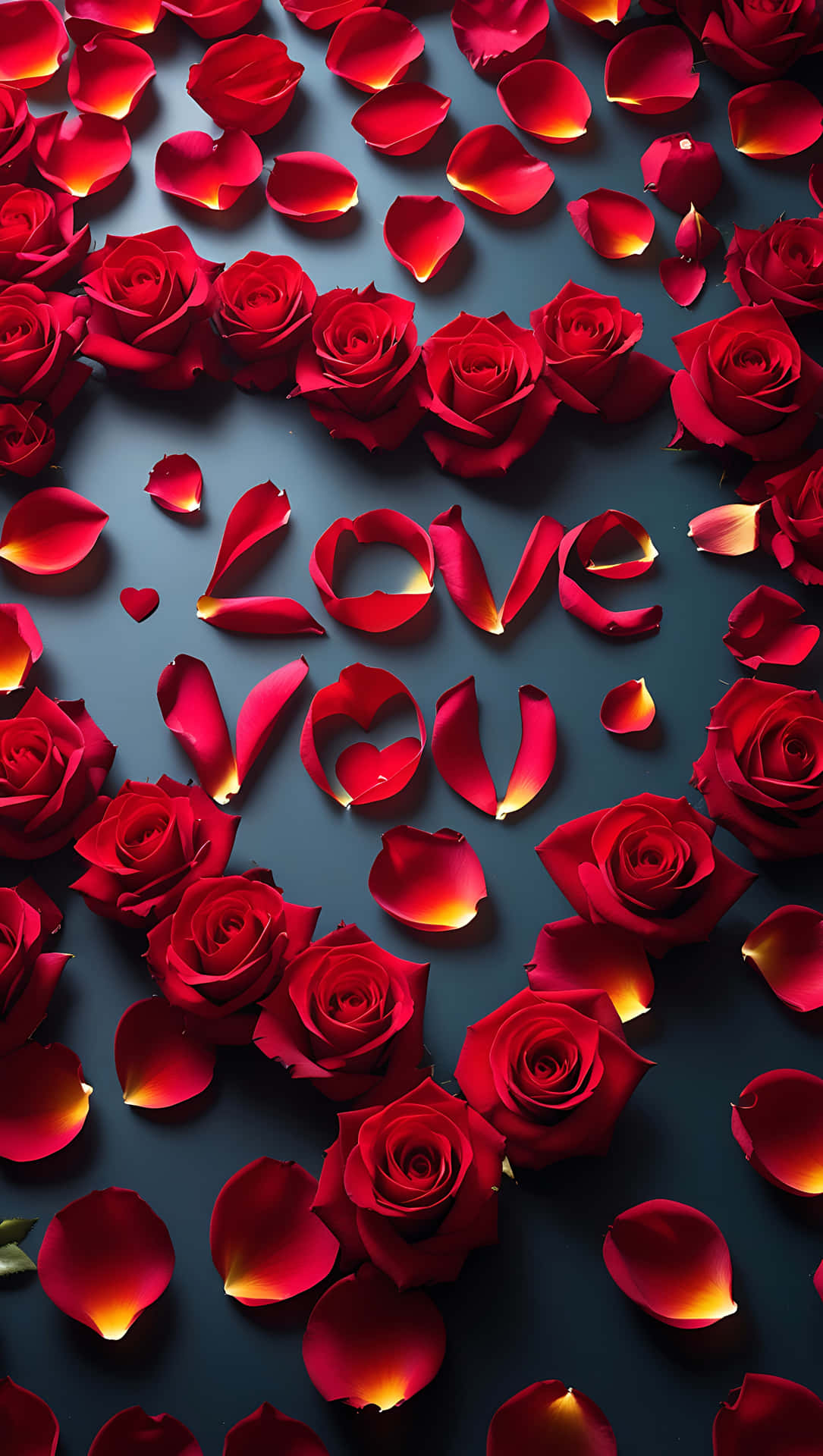 Love You in Rose Petals – Romantic Message Wallpaper 壁紙 — 鮮豔的紅玫瑰和花瓣在深藍色表面上拼出「愛你」，帶有溫暖發光的高光。