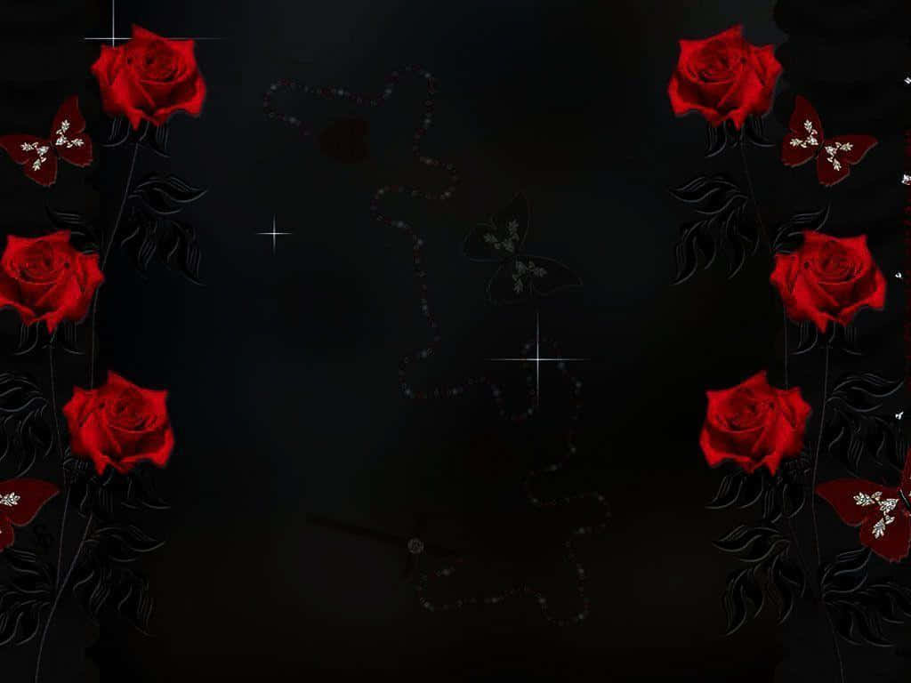 Roses 桌布 壁紙 — 鮮豔的紅玫瑰和蝴蝶框住了一個黑暗的背景，上面有閃爍的星星和一條發光的項鍊狀痕跡。