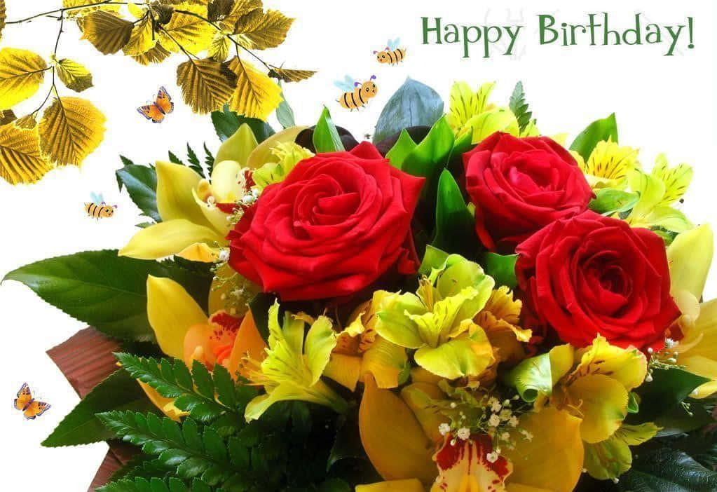 Birthday Message 桌布 壁紙 — 鮮豔的紅玫瑰和黃色蘭花在茂盛的花束中綻放，伴隨著飛舞的蜜蜂和金色的葉子，背景為白色。