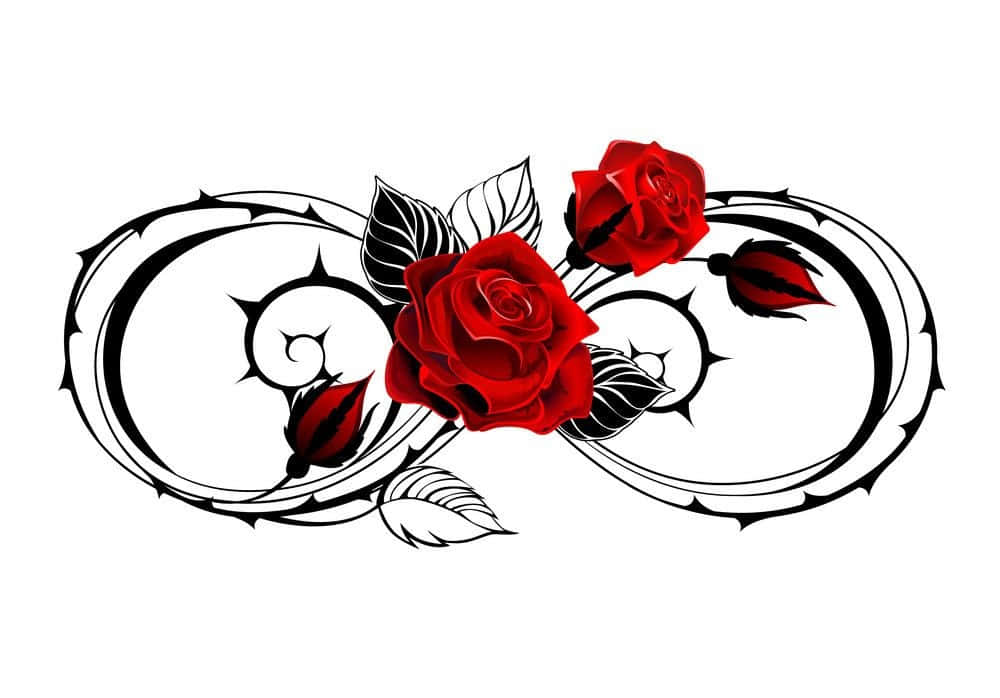 Rose Symbol 桌布 壁紙 — 鮮豔的紅玫瑰在一個飾有荊棘和葉子的黑白華麗無限符號中盛開。