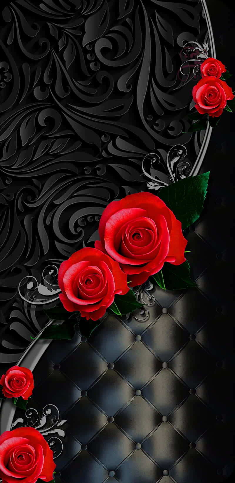iPhone X Roses 桌布 壁紙 — 鮮豔的紅玫瑰在帶有簇絨皮革質感的複雜黑色華麗背景上綻放。