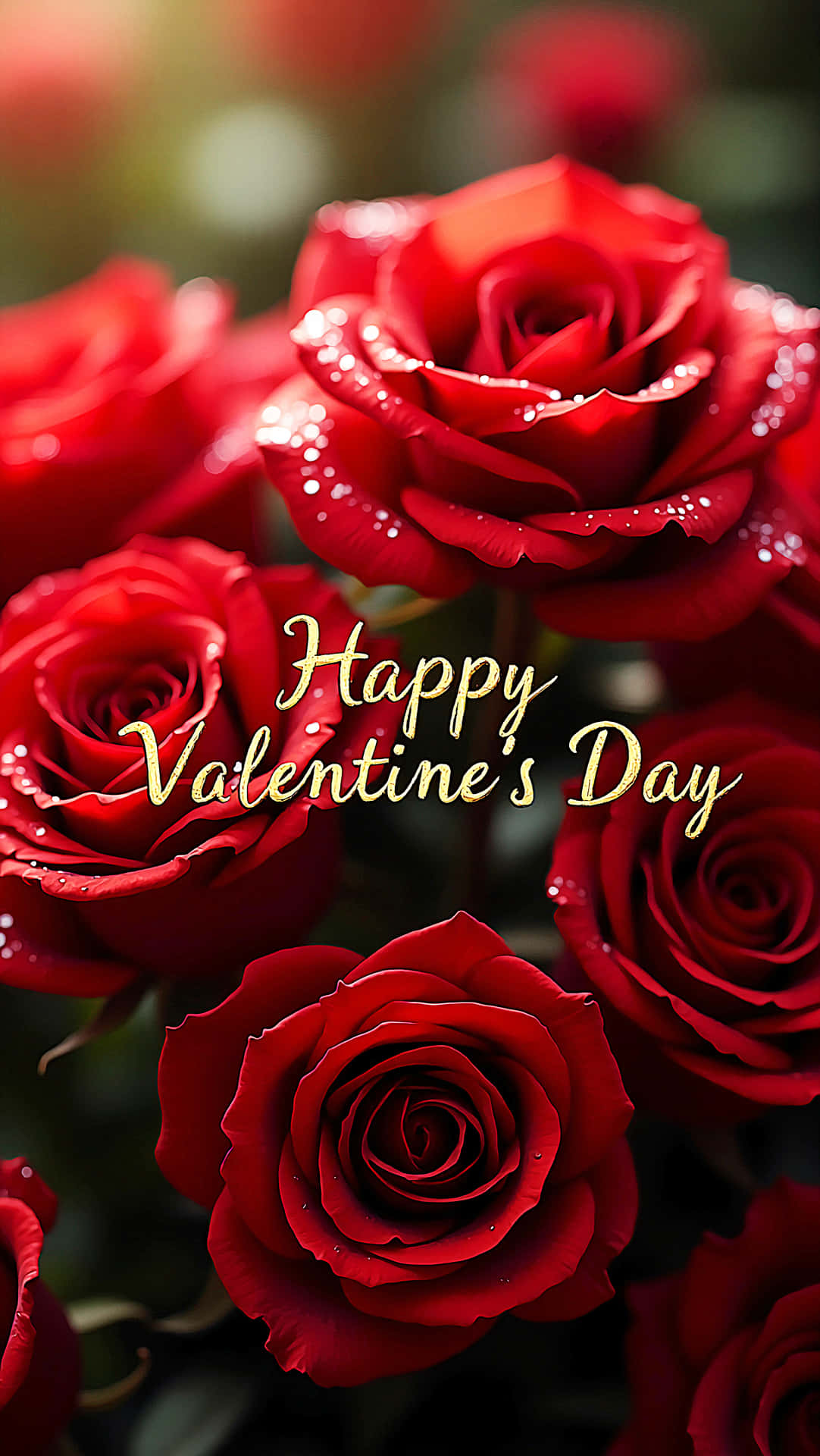 happy Valetine's day 壁紙 — 鮮豔的紅玫瑰在柔和模糊的背景上閃爍著露珠，並有金色文字寫著Happy Valentine's Day。