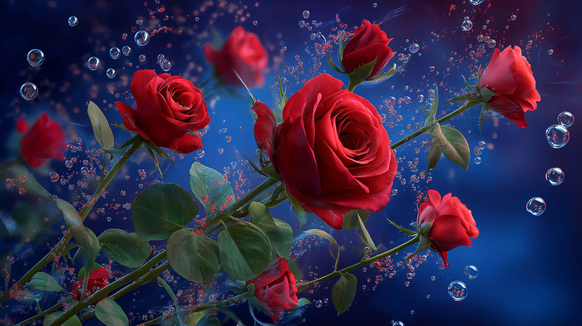 Vivid Red Roses and Bubbles Dancing Against Deep Blue 壁紙 — 鮮豔的紅玫瑰在水中盛開，被閃爍的氣泡包圍，背景是深藍色漸變。