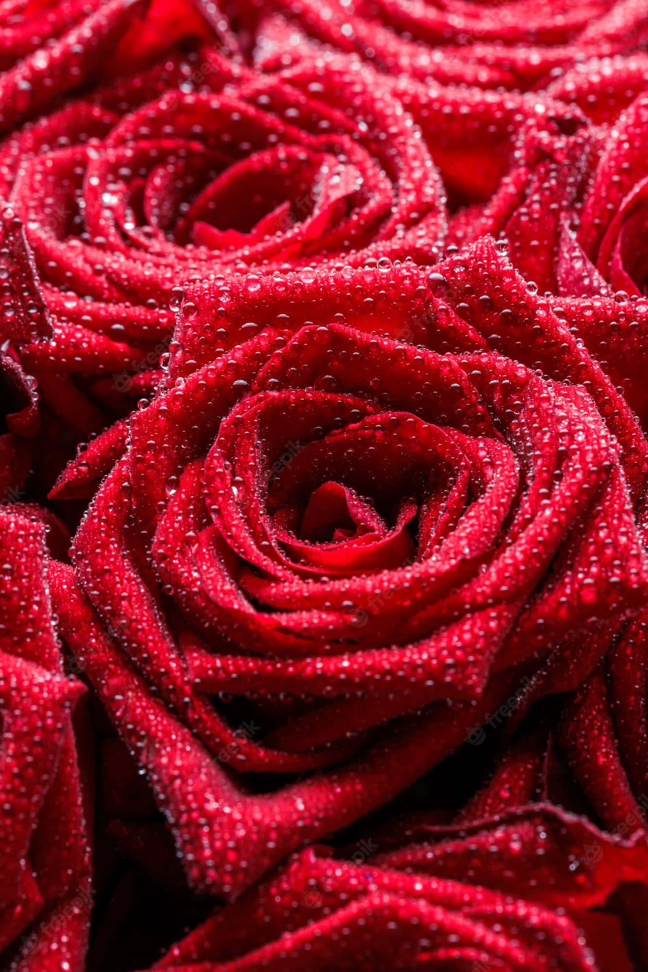 Roses 桌布 壁紙 — 鮮豔的紅玫瑰在茂密的特寫中閃爍著露珠，花瓣捲曲成複雜的螺旋。