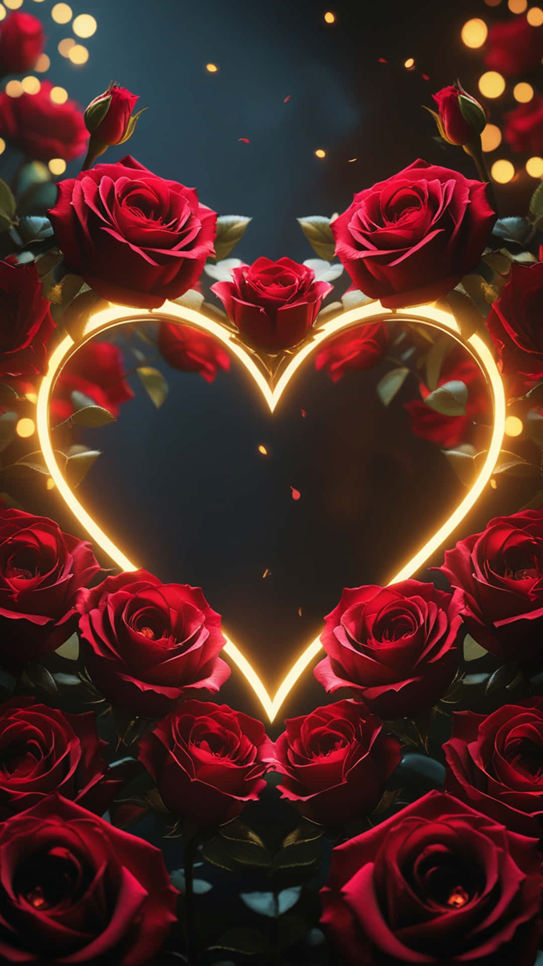 Love, Lights & Heartbeats ❤️ Valentine Special 壁紙 — 鮮豔的紅玫瑰在黑暗背景中襯托出閃爍的金色心形，並帶有散景燈光。