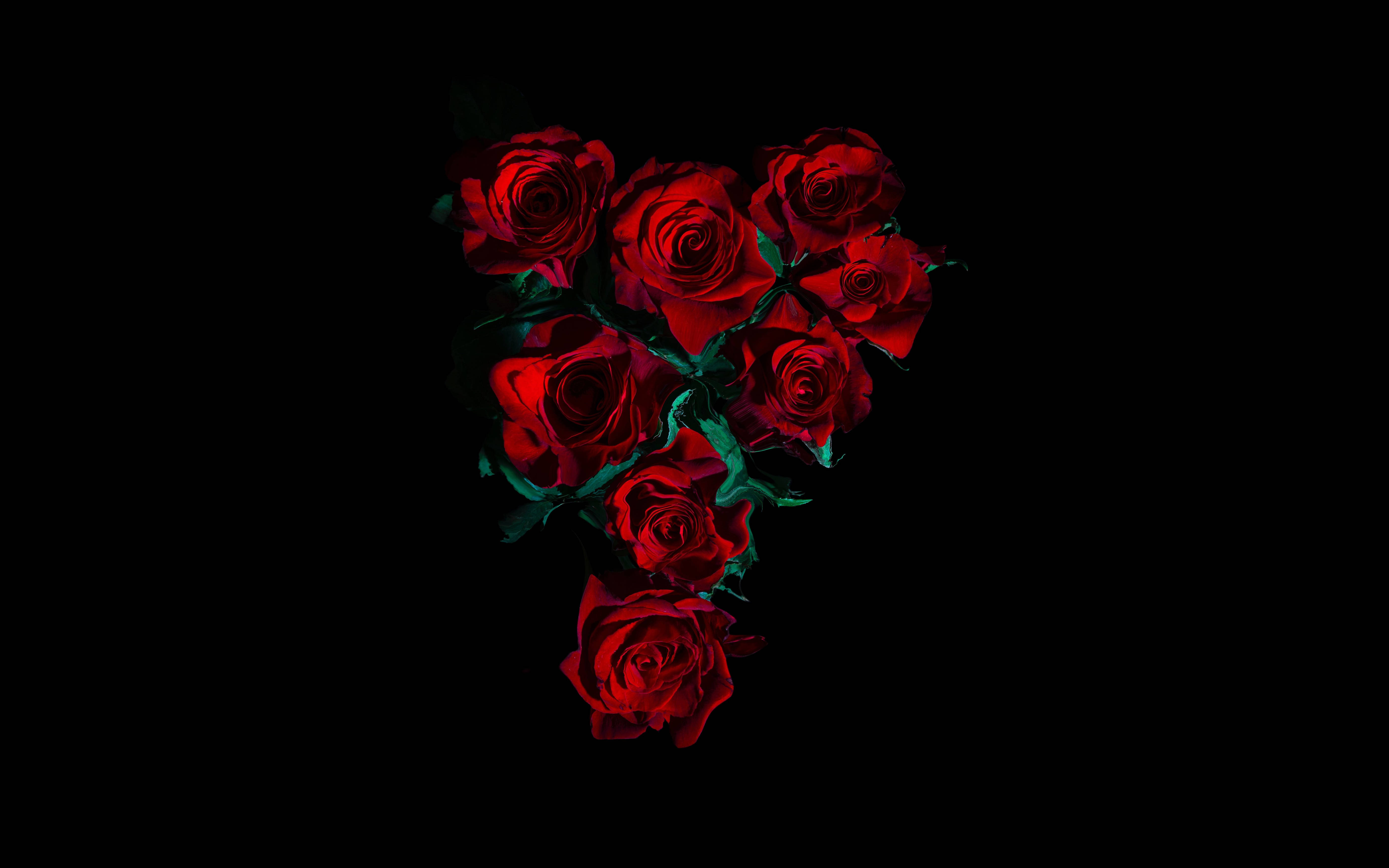 Rose Flower 桌布 壁紙 — 鮮豔的紅玫瑰排列成心形，襯托在純黑背景上，帶有發光的綠色莖。