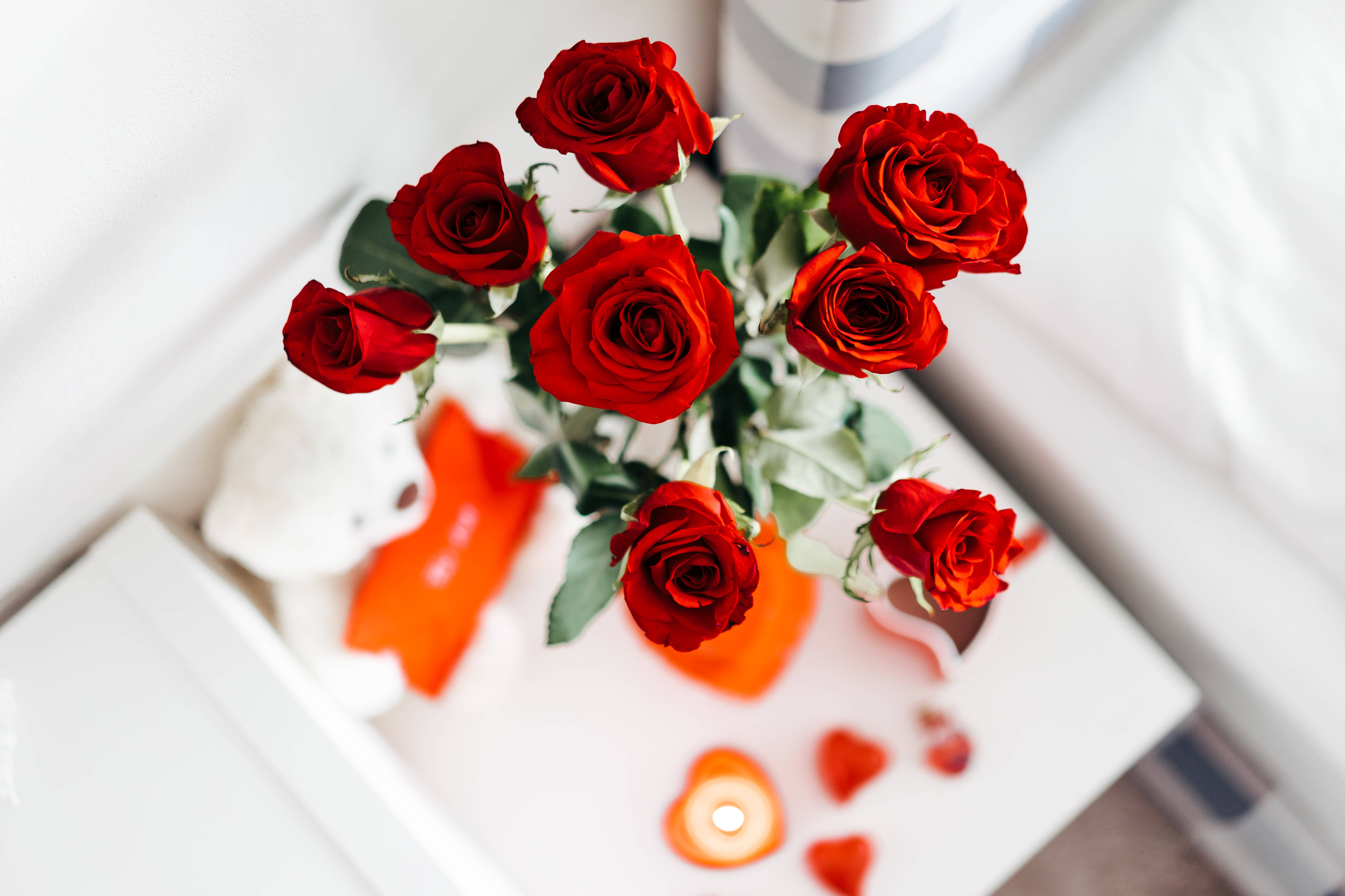 Aesthetic Rose 桌布 壁紙 — 鮮豔的紅玫瑰插在花瓶裡，放在白色表面上，旁邊有一根點燃的蠟燭和散落的心形花瓣。