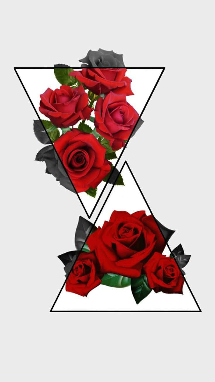Red Rose Aesthetic 桌布 壁紙 — 鮮豔的紅玫瑰搭配黑色葉子，在淺灰色背景上排列成兩個倒三角形。