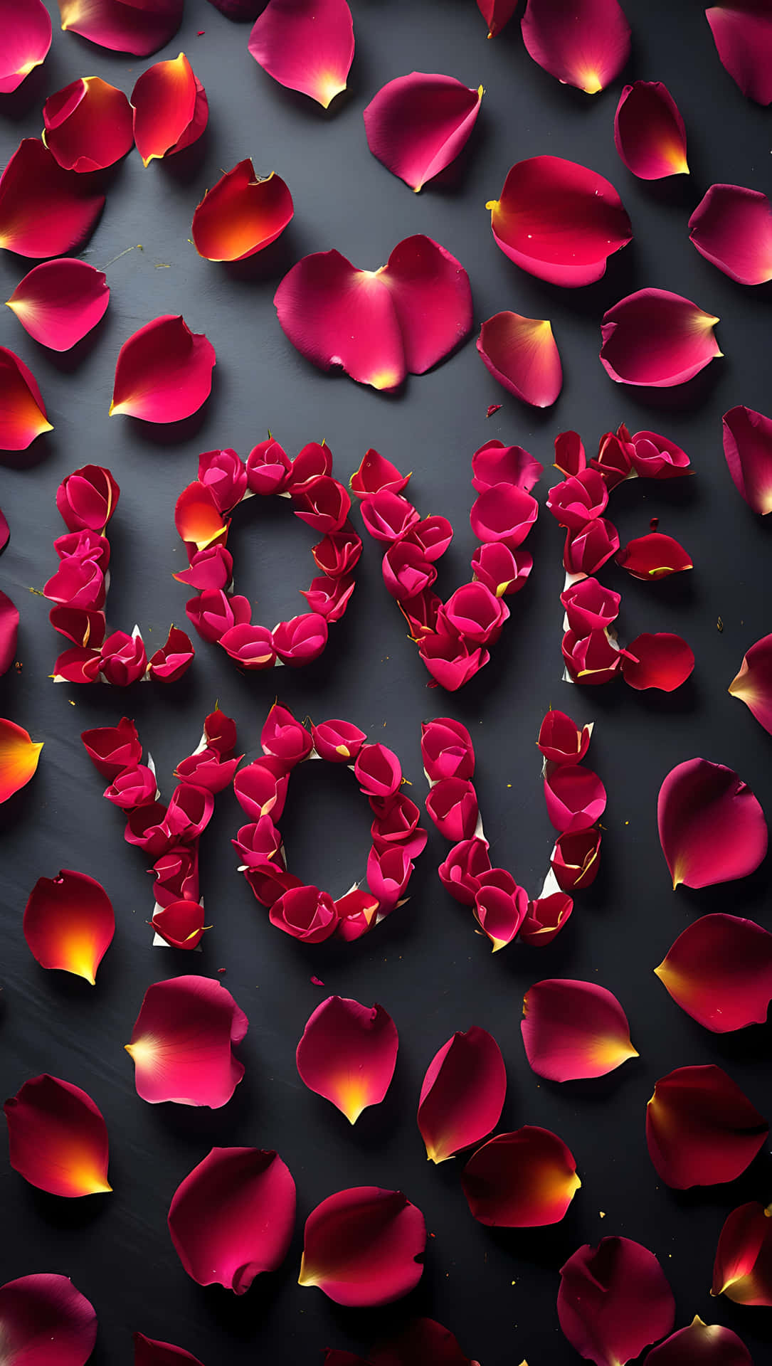 Love You in Rose Petals – Romantic Message Wallpaper 壁紙 — 鮮豔的紅玫瑰花瓣在深色紋理表面上拼出 love you，邊緣帶有發光的黃色。