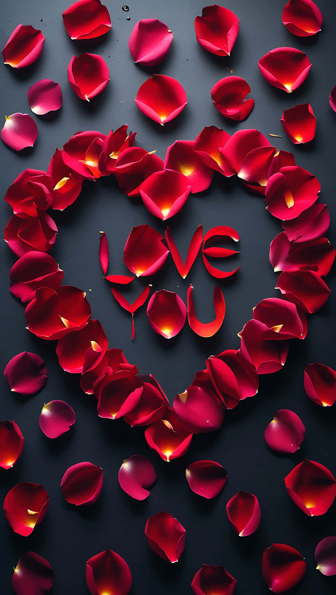 Love You” in Rose Petals – Romantic Message. smartphone wallpaper 壁紙 — 鮮豔的紅玫瑰花瓣在深色背景上形成一個發光的心形，裡面拼寫著love you字樣。