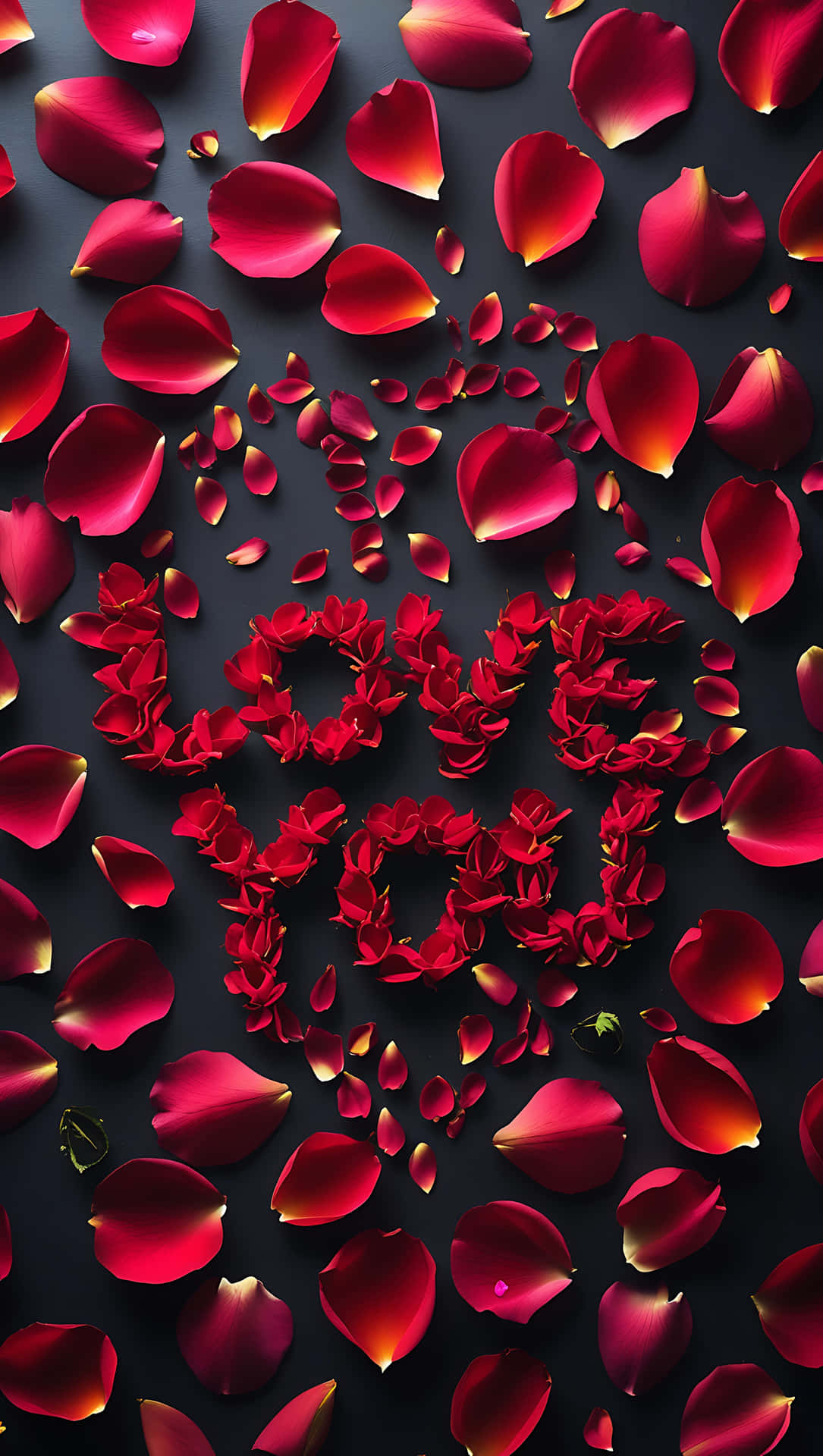 Love You” in Rose Petals – Romantic Message. smartphone wallpaper 壁紙 — 鮮豔的紅玫瑰花瓣在深色背景上拼出「love you」，並散落著花瓣。