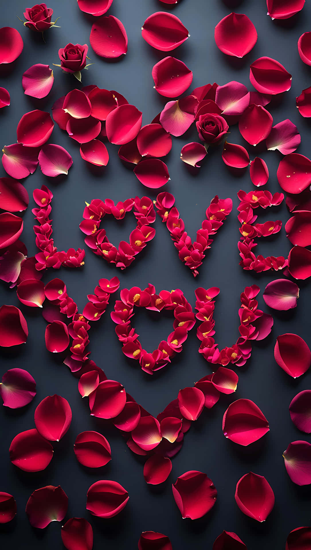 Love You in Rose Petals – Romantic Message Wallpaper 壁紙 — 鮮豔的紅玫瑰花瓣在深藍色表面上拼出愛與你，浪漫的俯拍構圖。