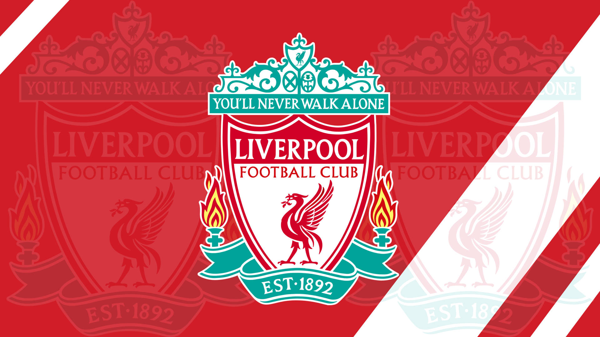 Liverpool Fc 桌布 壁紙 — 鮮豔的紅白斜紋框住了利物浦足球俱樂部標誌性的會徽，上有利弗鳥和格言。