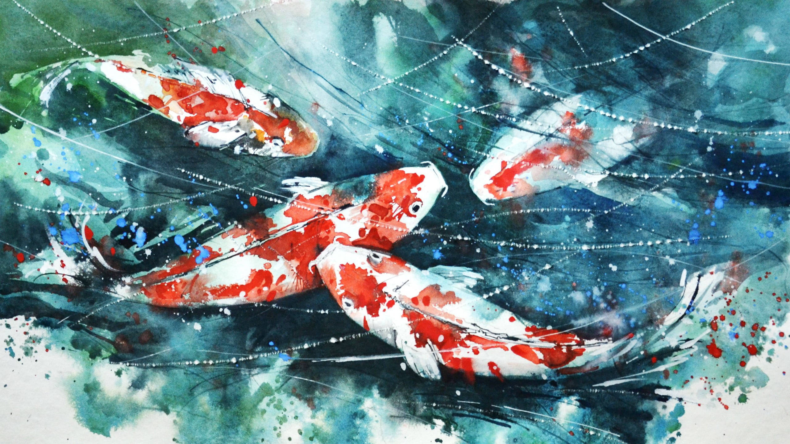 Painting 桌布 壁紙 — 鮮豔的紅白錦鯉在旋轉的青綠色水中動態游動，帶有表現力的水彩飛濺和條紋。