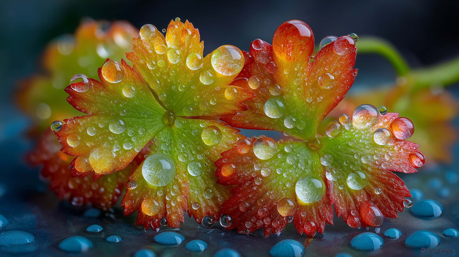Vibrant Close-Up of Leaves Covered in Glistening Water Drops 壁紙 — 鮮豔的紅綠葉簇在深藍色背景下閃爍著露珠。