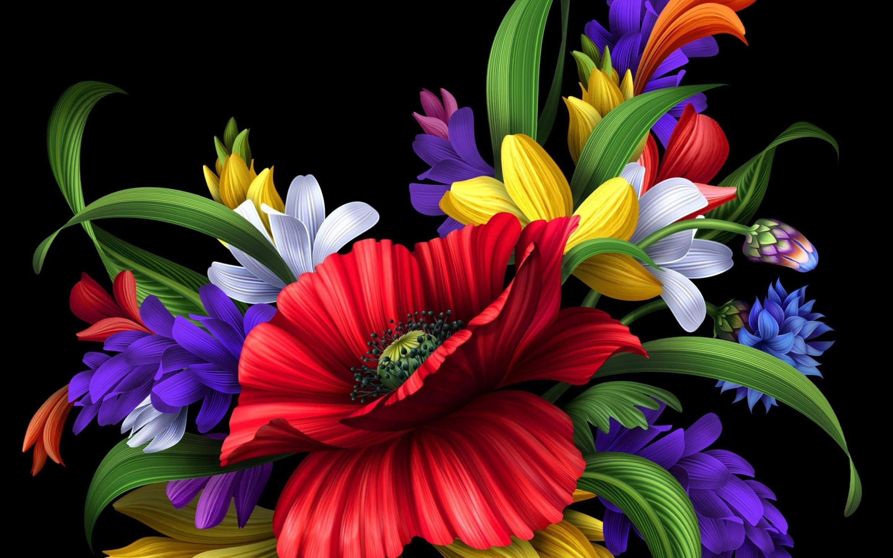 Colorful Flowers 桌布 壁紙 — 鮮豔的紅罌粟、黃色鬱金香和紫色花朵的花束，襯托在純黑背景上。