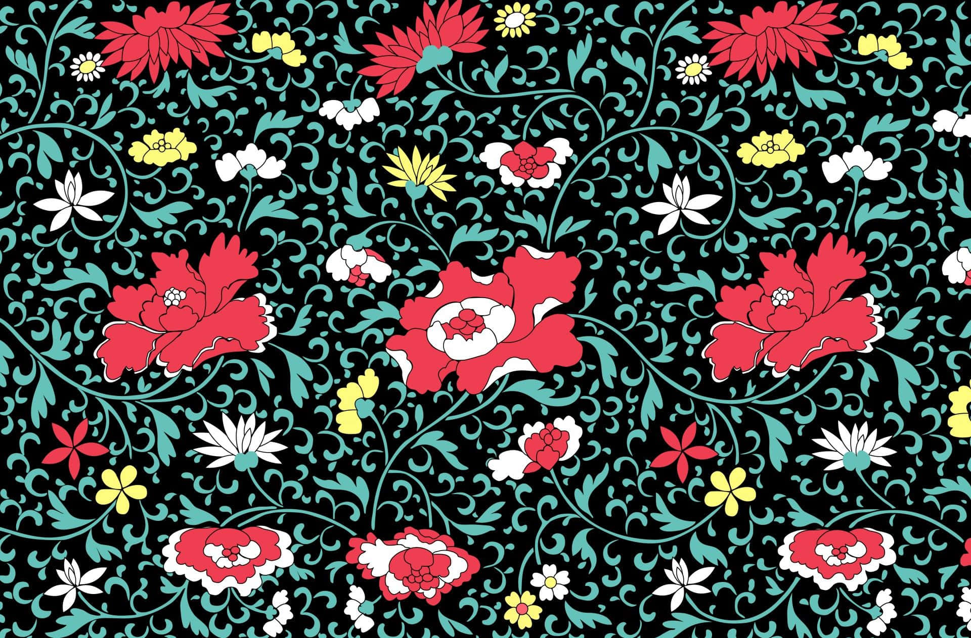 Floral Art 桌布 壁紙 — 鮮豔的紅色、白色和黃色花朵，搭配青綠色藤蔓，在純黑色背景上以重複的華麗圖案盛開。