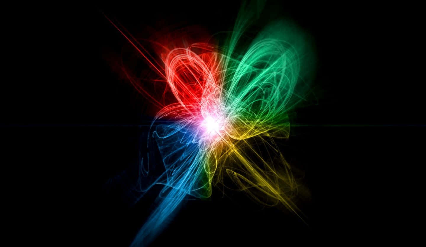 Neon Colors 桌布 壁紙 — 鮮豔的紅色、綠色、藍色和黃色光軌在黑色背景上動態旋轉，形成燦爛的宇宙爆發。