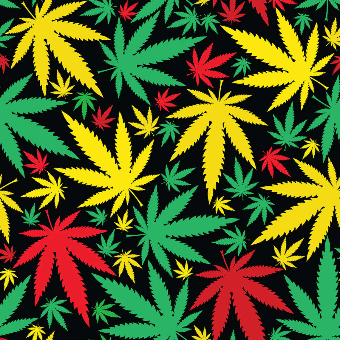 Seamless Pattern 桌布 壁紙 — 鮮豔的紅色、綠色和黃色大麻葉散落在黑色背景上，形成大膽的重複圖案。