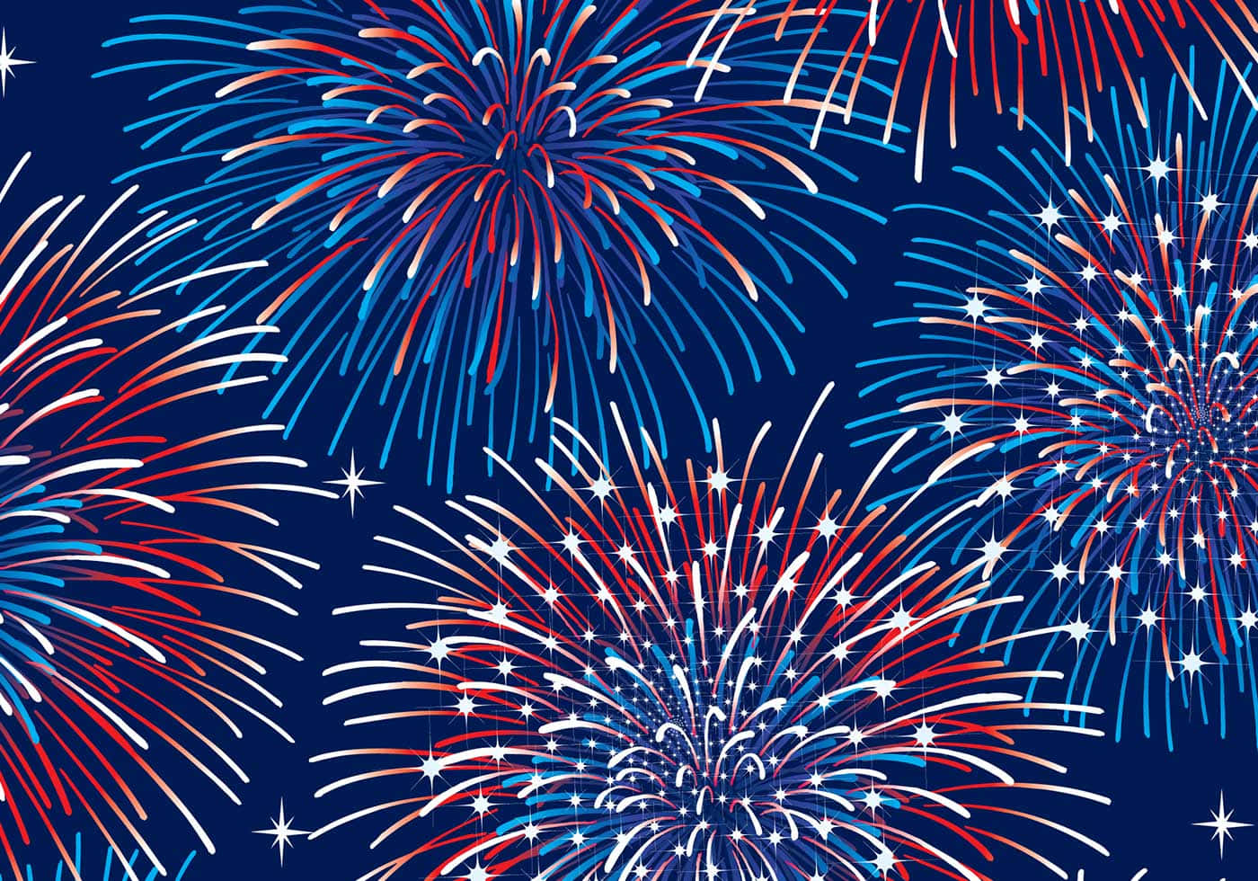 firework 桌布 壁紙 — 鮮豔的紅色、藍色和白色煙火在深藍色的夜空中綻放，營造出節日愛國氣氛。