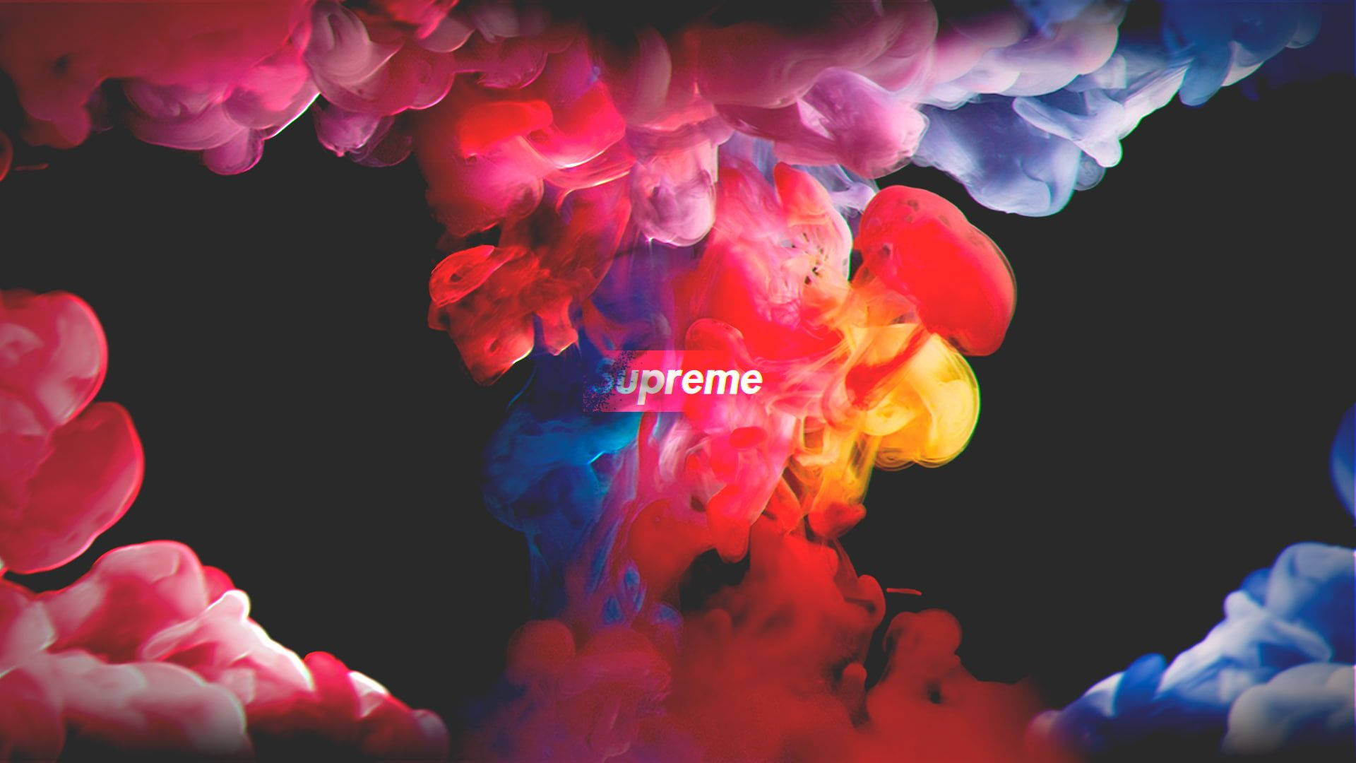 Cool Supreme 桌布 壁紙 — 鮮豔的紅色、藍色和黃色墨水在黑色背景上動態旋轉，中央嵌入白色Supreme標誌。