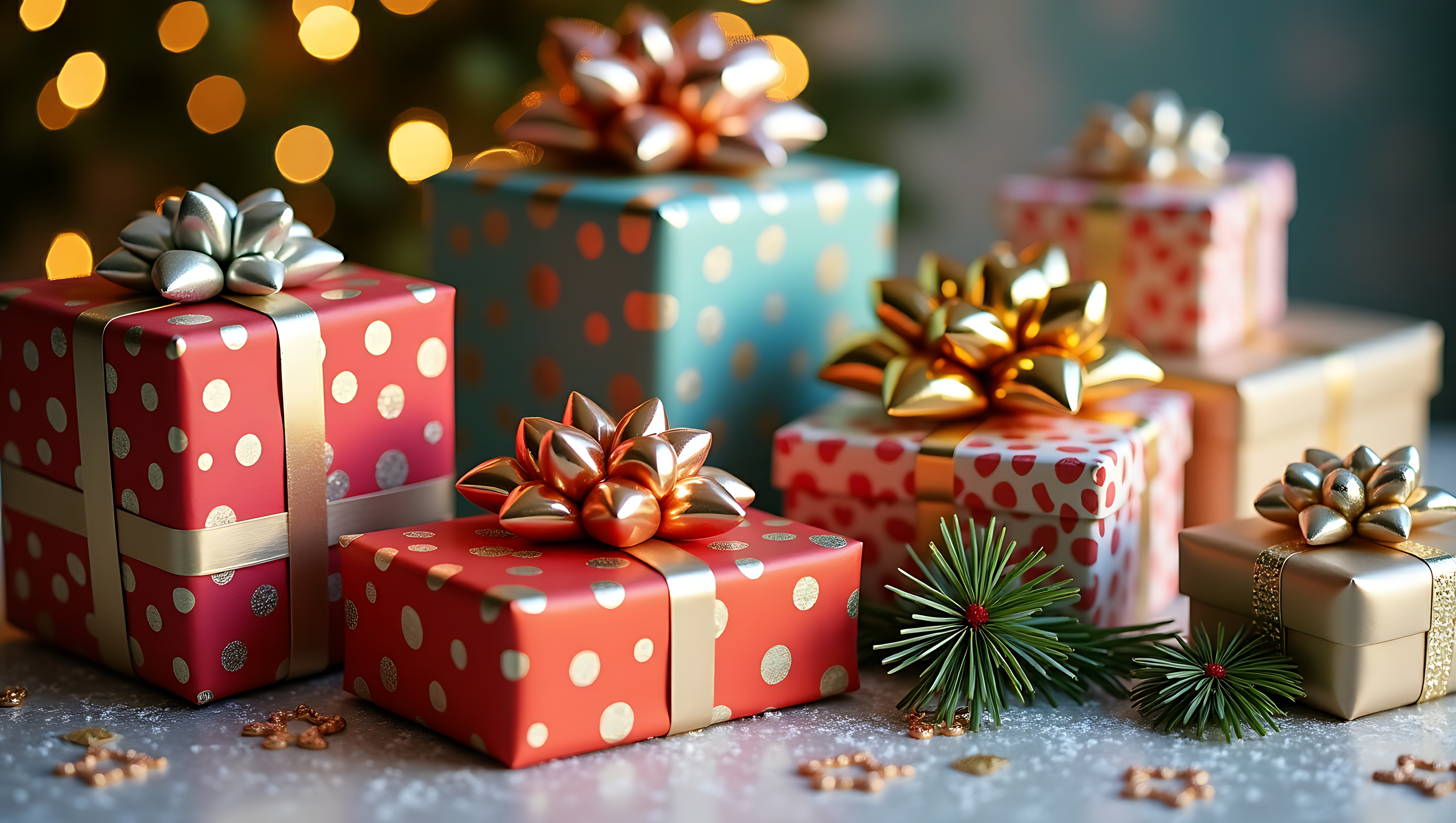 gifts 桌布 壁紙 — 鮮豔的紅色、金色和藍綠色禮物盒，飾有閃亮蝴蝶結和圓點，放在雪地上，旁邊有松枝，背景中溫暖的散景燈光閃爍。