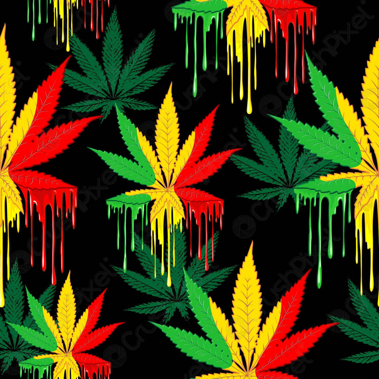 Marijuana Leaf 桌布 壁紙 — 鮮豔的紅色、黃色和綠色大麻葉在黑色背景上以大膽的重複圖案滴落顏料。