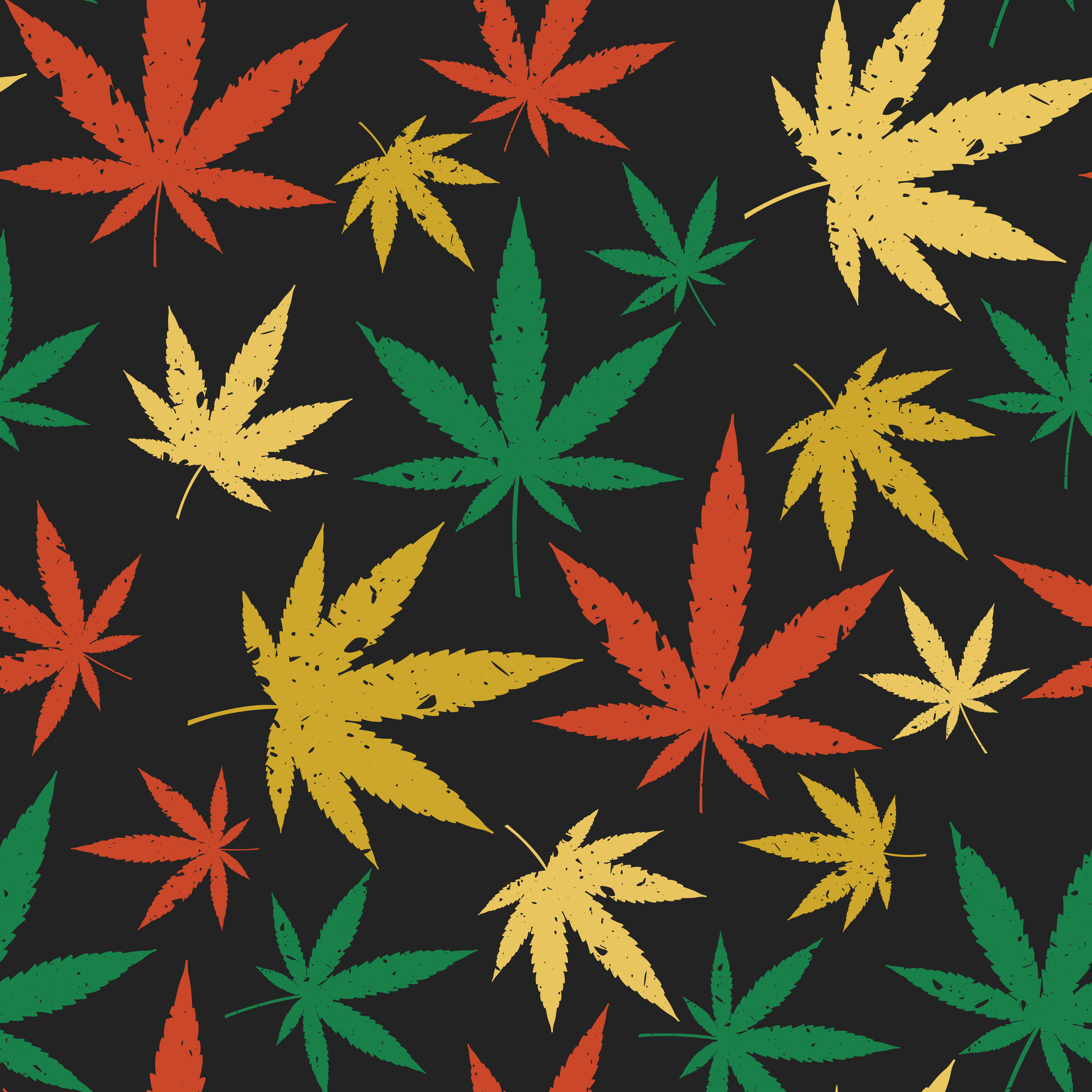 Weed Blunt 桌布 壁紙 — 鮮豔的紅色、黃色和綠色大麻葉散落在深色紋理背景上，形成重複圖案。