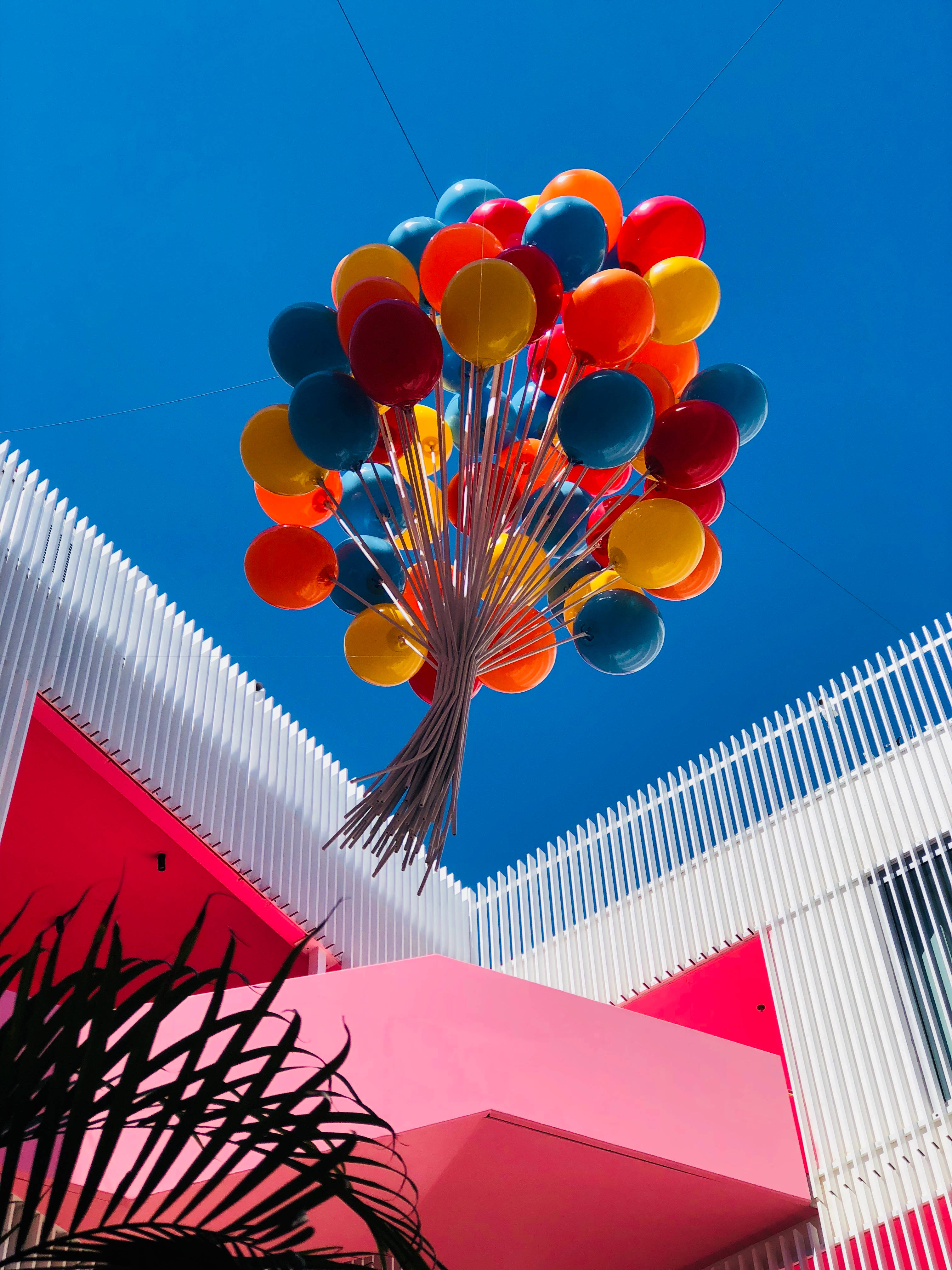 Balloon 桌布 壁紙 — 鮮豔的紅色、黃色和藍色氣球在晴朗的藍天下漂浮在現代粉紅色和白色建築上方。