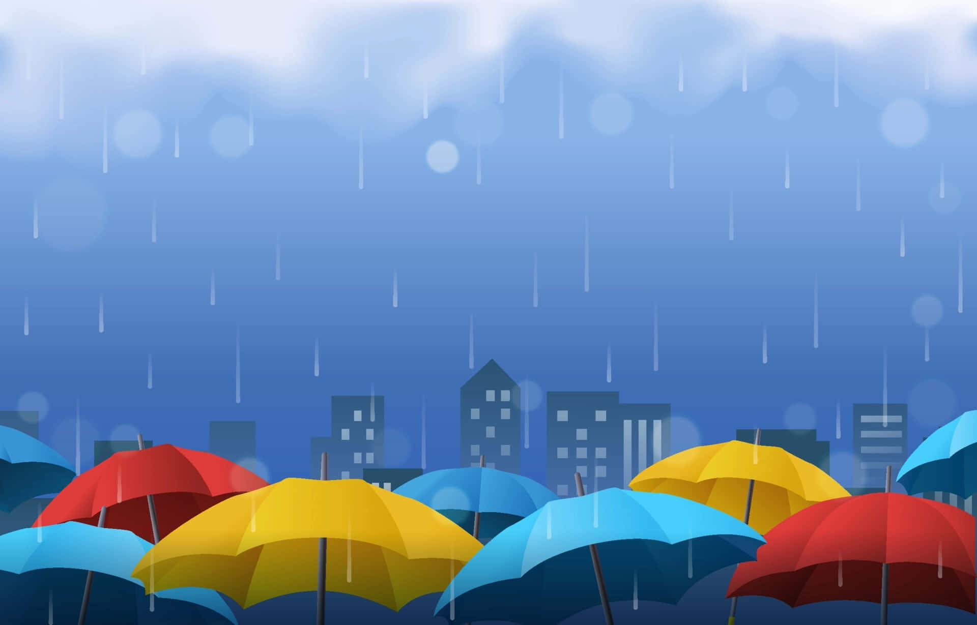 下雨 桌布 壁紙 — 鮮豔的紅色、黃色和藍色雨傘點綴著雨中的城市景觀，在憂鬱的藍天下，雨滴落下。
