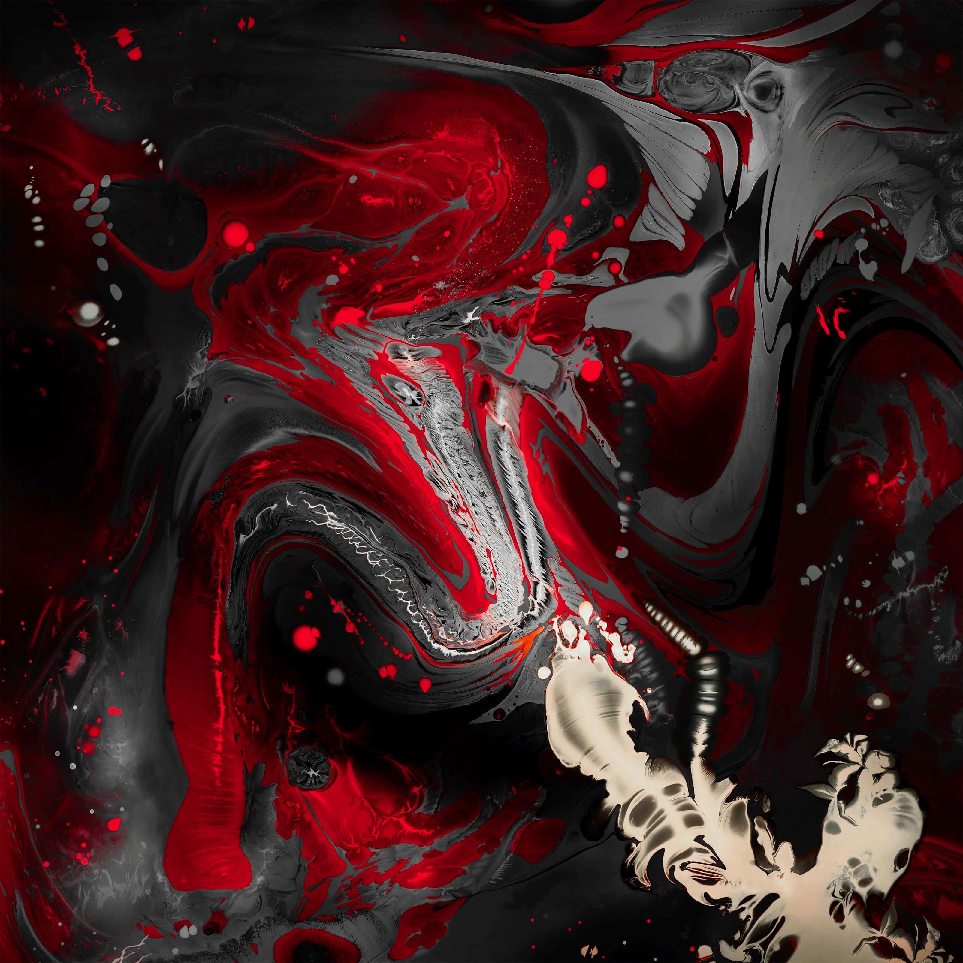 Cool Abstract 桌布 壁紙 — 鮮豔的紅色、黑色和白色抽象顏料漩渦，帶有飛濺和光澤紋理，營造出戲劇性的動態構圖。