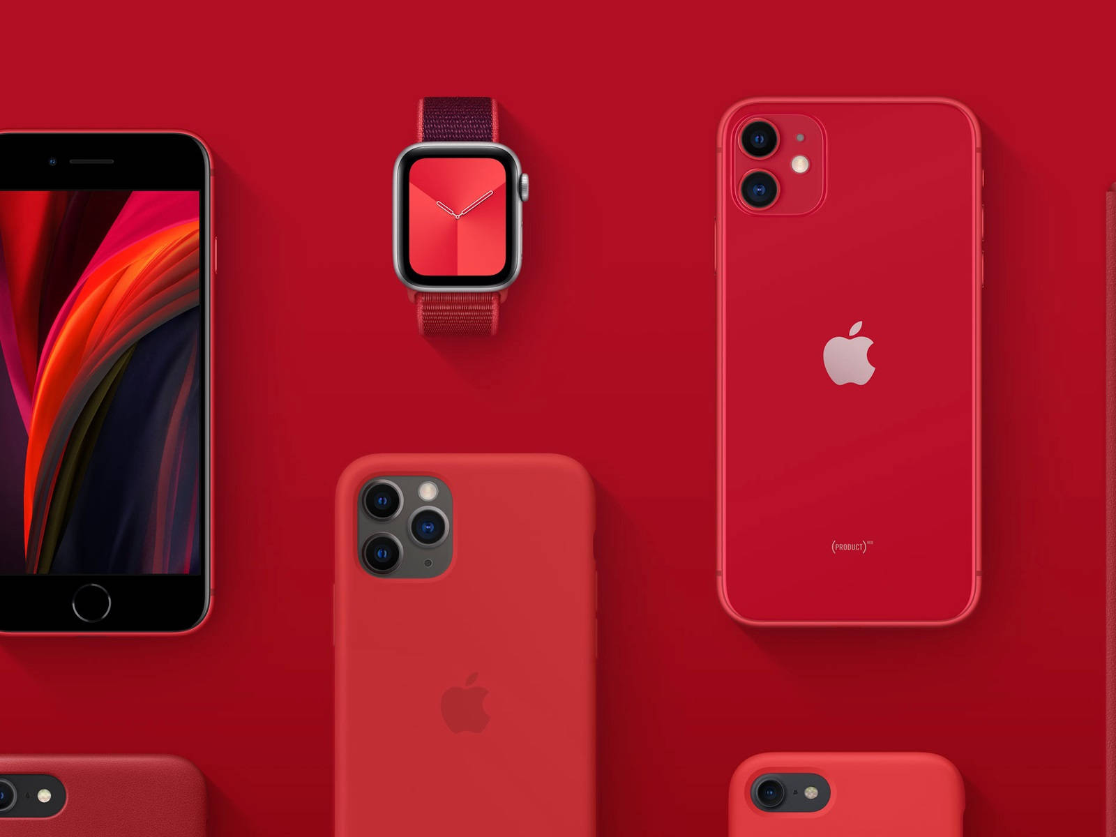 紅色Apple iPhone和Apple Watch產品展示在紅色背景上。 — Apple Watch 動態 壁紙