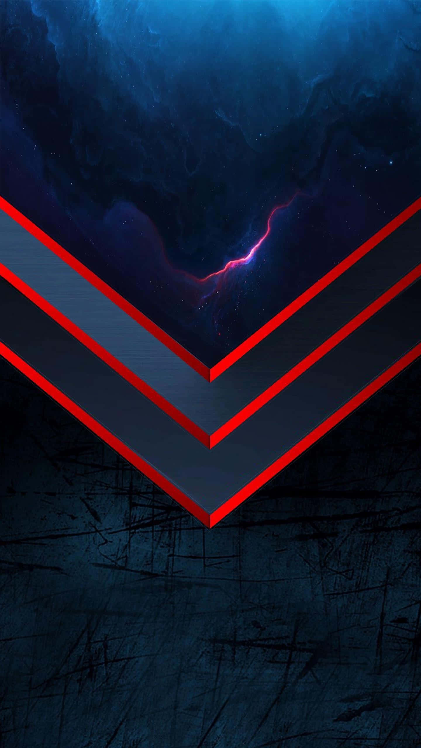 Dark Mode 桌布 壁紙 — 鮮豔的紅色V形圖案穿過宇宙星雲，帶有紫色閃電和星塵，背景為深色紋理。