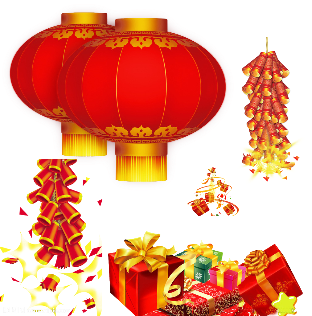 新年 桌布 壁紙 — 鮮豔的紅色中國燈籠、金色煙火和彩色禮品盒在黑色背景上慶祝節日。