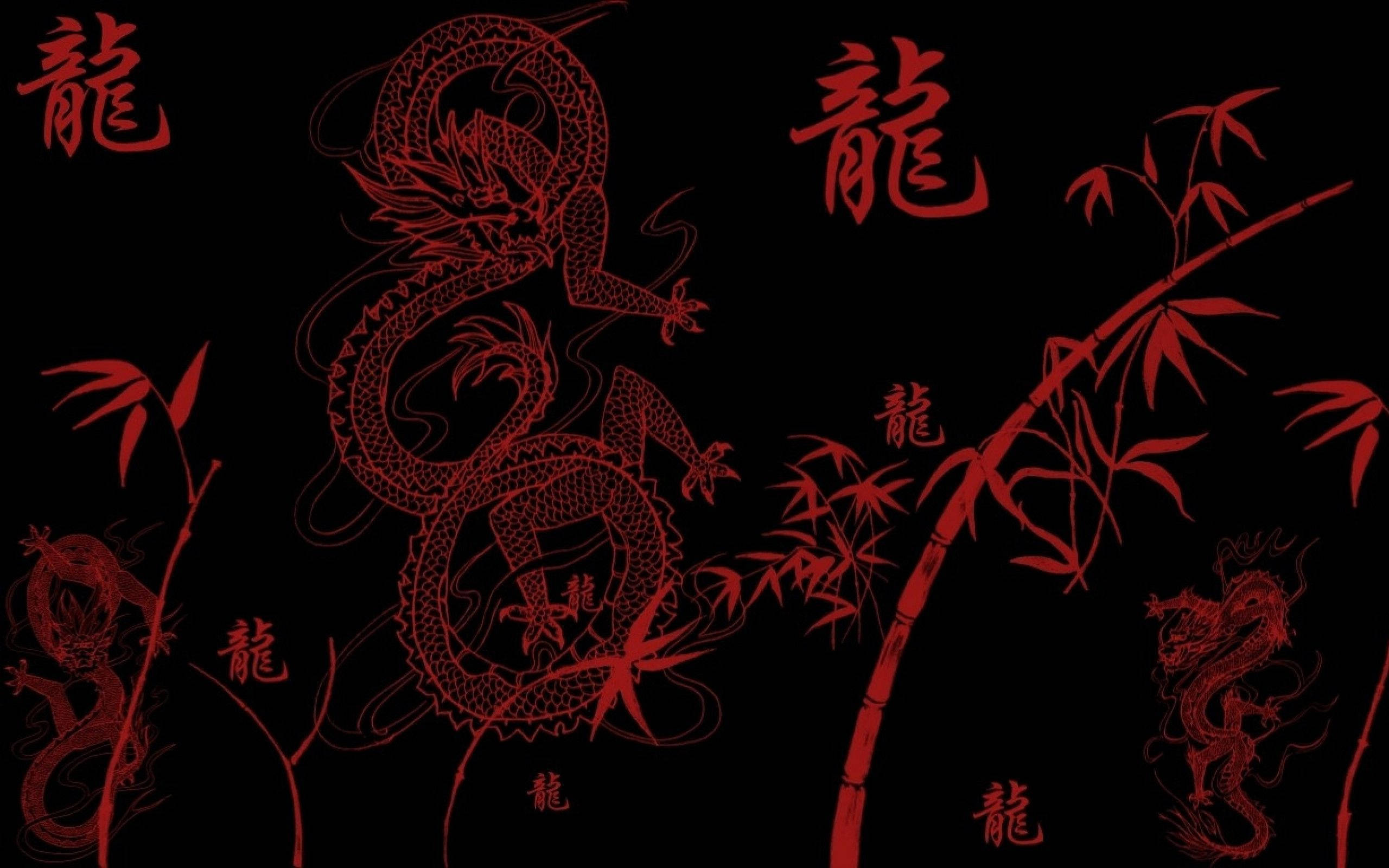 日式龍 桌布 壁紙 — 鮮豔的紅色中國龍和帶有漢字字符的竹莖在純黑色背景上以大膽的線條藝術風格旋轉。