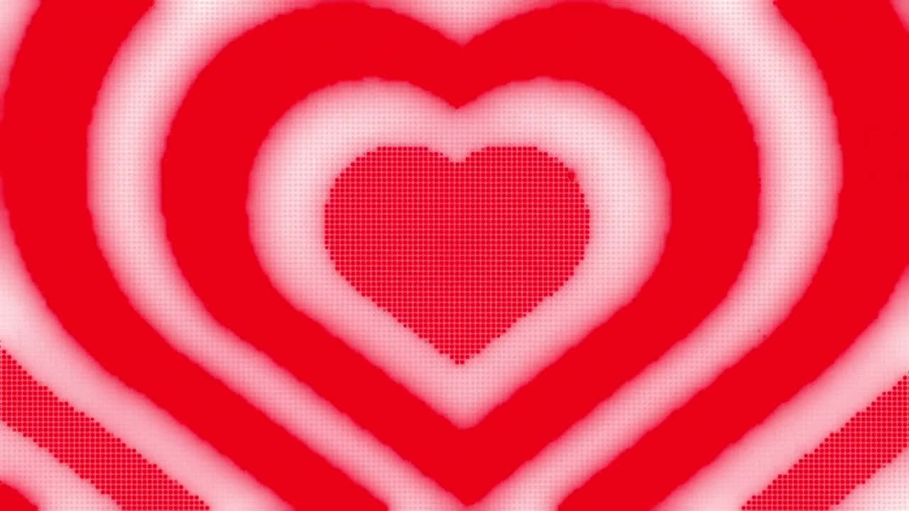 Y2k Heart 桌布 壁紙 — 鮮豔的紅色像素心形在發光的白色背景上以同心層向外輻射。