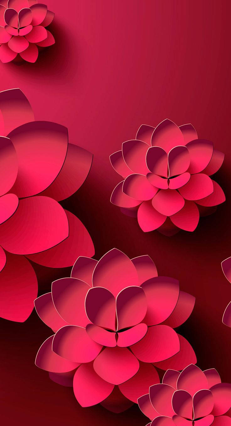 3D 桌布 壁紙 — 鮮豔的紅色剪紙花朵漂浮在漸變深紅色背景上，帶有柔和陰影和分層花瓣。