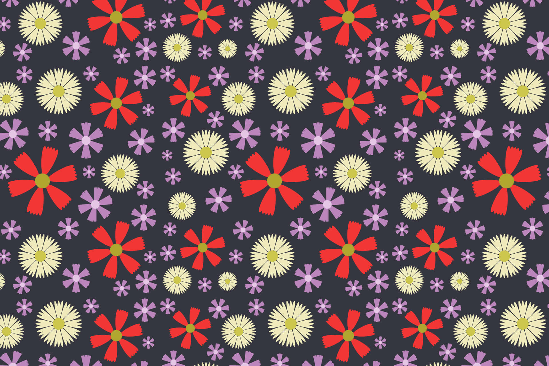 Flower pattern 壁紙 — 鮮豔的紅色和奶油色雛菊帶有紫色星爆，在深炭灰色背景上以俏皮的復古圖案重複。