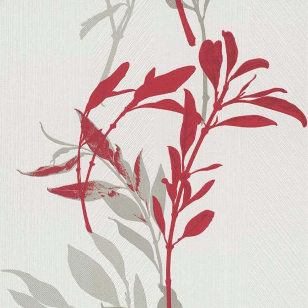 Red And White 桌布 壁紙 — 鮮豔的紅色和柔和的灰色樹葉枝條在帶有細微紋理的米白色背景上優雅地形成對比。