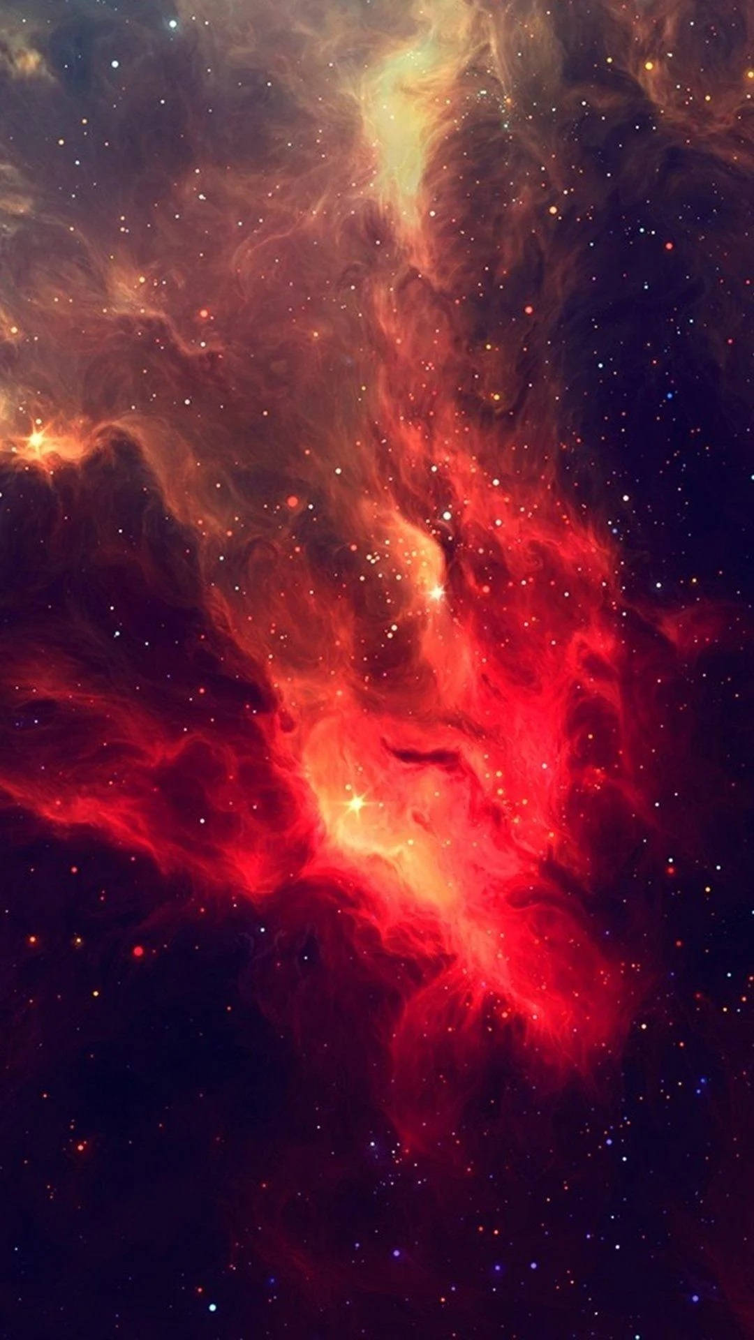 紅色 iPhone 桌布 壁紙 — 鮮豔的紅色和橙色宇宙雲層在深邃的黑色太空背景下與閃爍的星星旋轉交織。